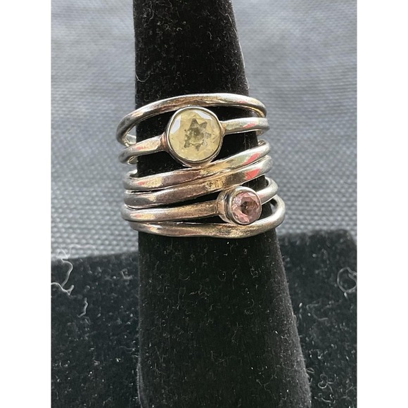 Estate Jewelry - 925 Sterling Silver Multi Band Round Gemstone Ring Size 7 Vintage Estate Jewelry